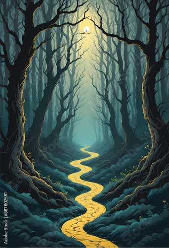 a vector illustration of a spooky forest with a path way