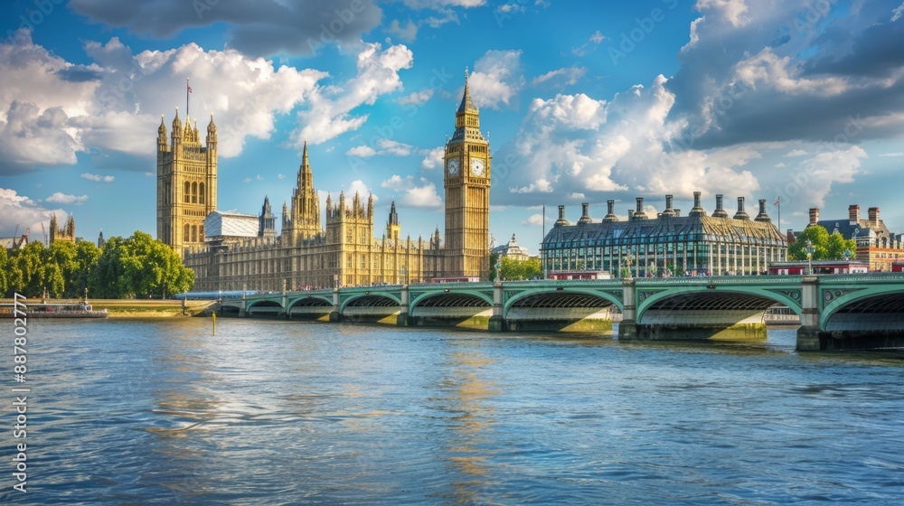 Stunning view of Westminster Palace and Big Ben along the Thames River. Iconic London landmark captured in vibrant colors. Perfect for travel, architecture, and cityscape themes. AI Stunning view of Westminster Palace and Big Ben along the Thames River. Iconic London landmark captured in vibrant colors. Perfect for travel, architecture, and cityscape themes. AI