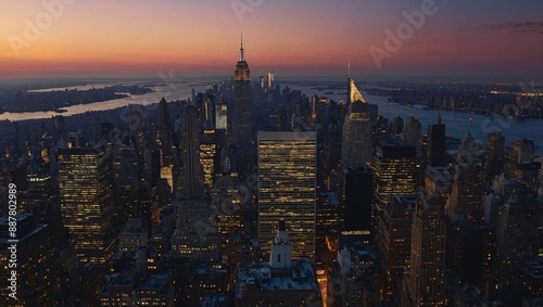 Twilight skyline of New York City, with iconic landmarks and glowing lights