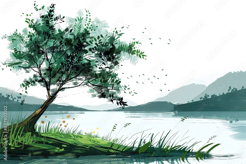 Naklejka premium Green tree with leaves. Hand drawn watercolor painting, isolated on white background.stylized summer tree. Eco design.