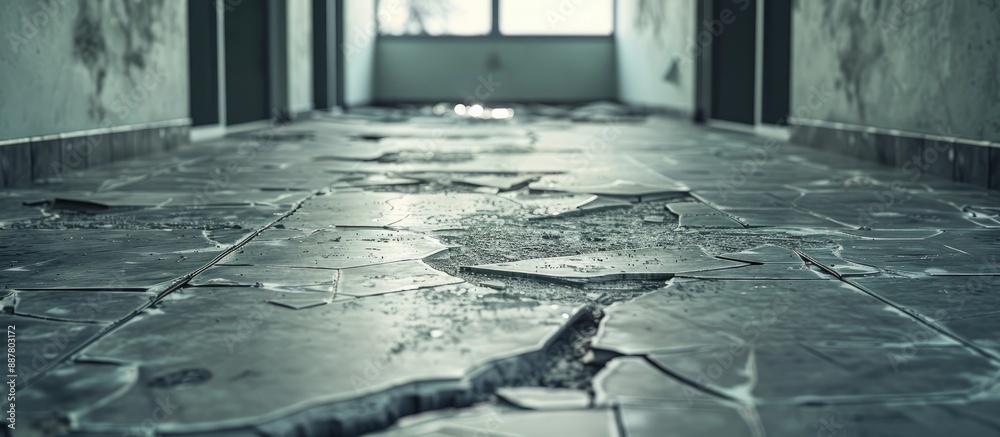 In the office gray tiles are broken cracked and damaged depicting ...