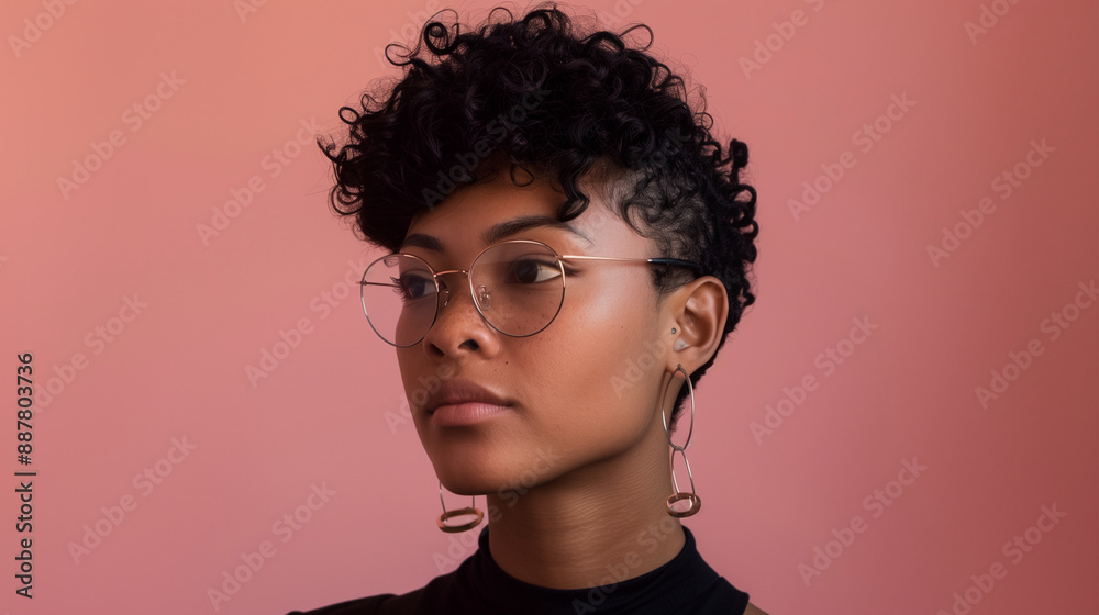 Obraz premium A serious-looking non-binary person in their late 20s with short, curly black hair and glasses
