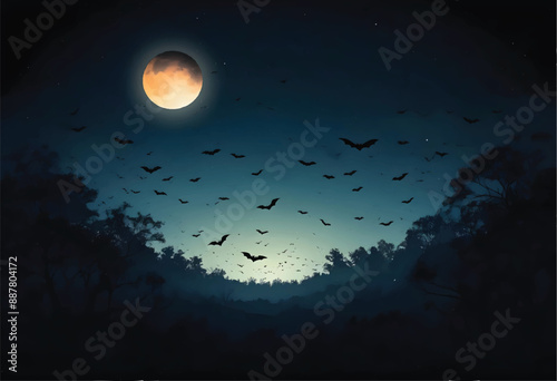 a painting of bats flying in the night sky with the full moon in the background