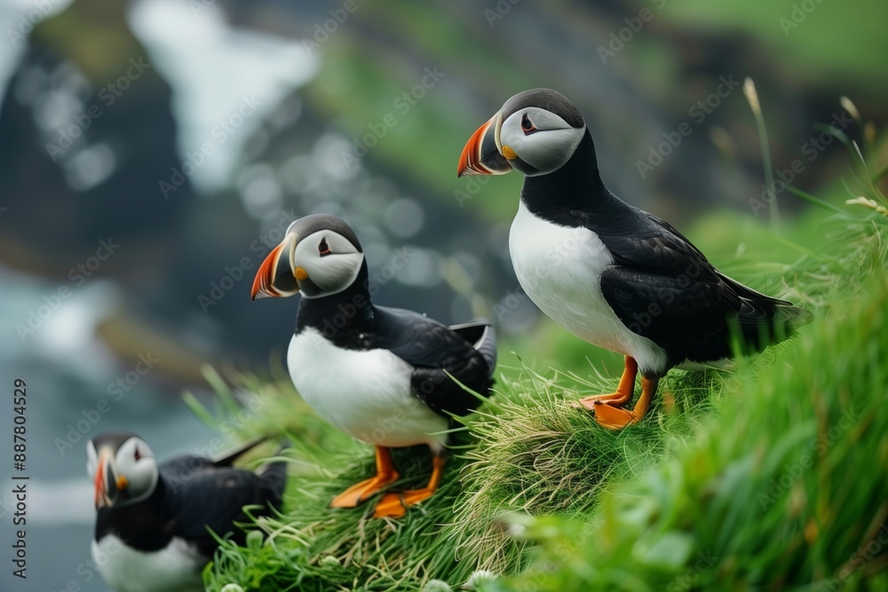 Naklejka premium Puffins birds standing on mossy rocks at seaside
