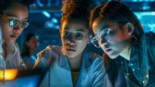 A group of multinational people engage with digital technology, showcasing the concept of global collaboration and innovation in the digital age.


