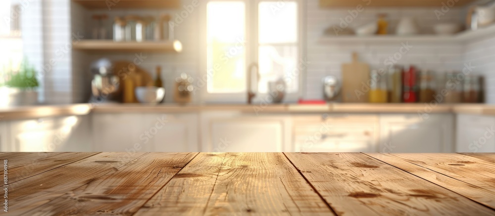 Blurred kitchen interior background with an empty wooden table providing copy space image available Blurred kitchen interior background with an empty wooden table providing copy space image available