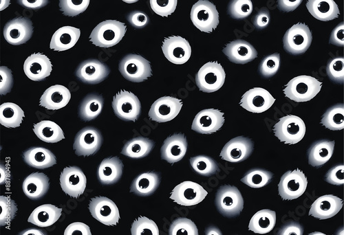 a vector illustration of halloween black and white eyes pattern on a black background