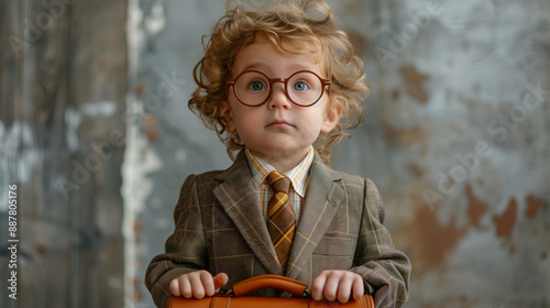 a child in a business suit with a briefcase, pretending to be a professional, illustrating ambition and future aspirations. photo