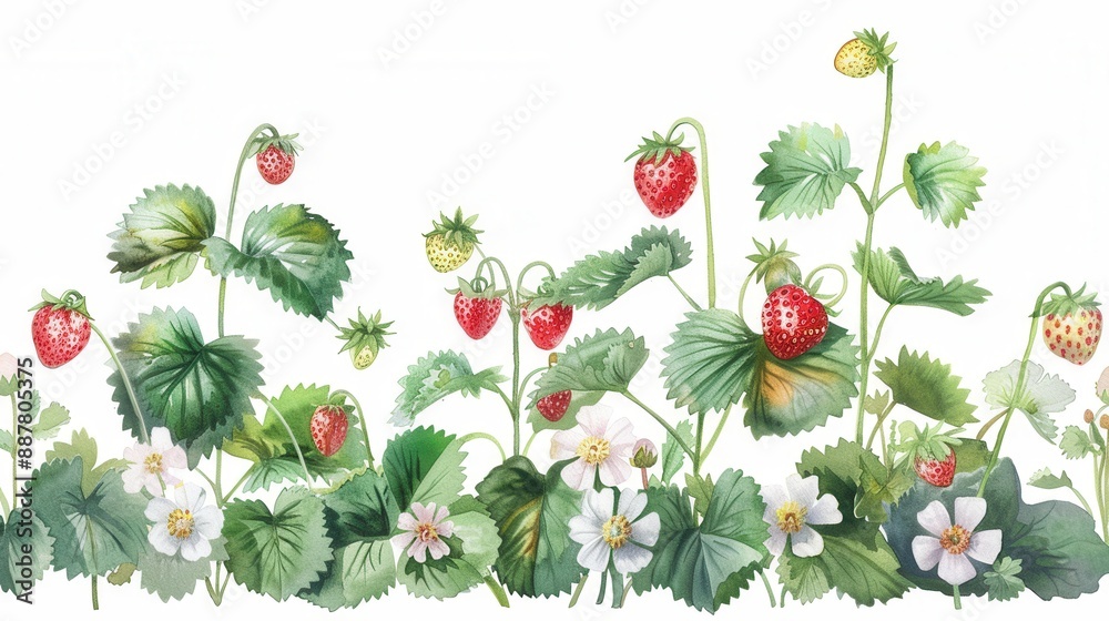 Obraz premium Watercolor vector drawing of strawberry fruit plant leaf over white background