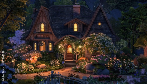A Cozy Cottage Illuminated at Night in a Lush Garden © Катя О