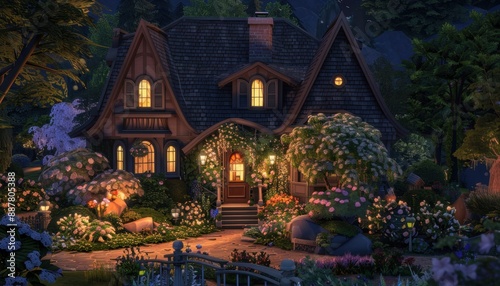 A Cozy Cottage Illuminated at Night in a Lush Garden