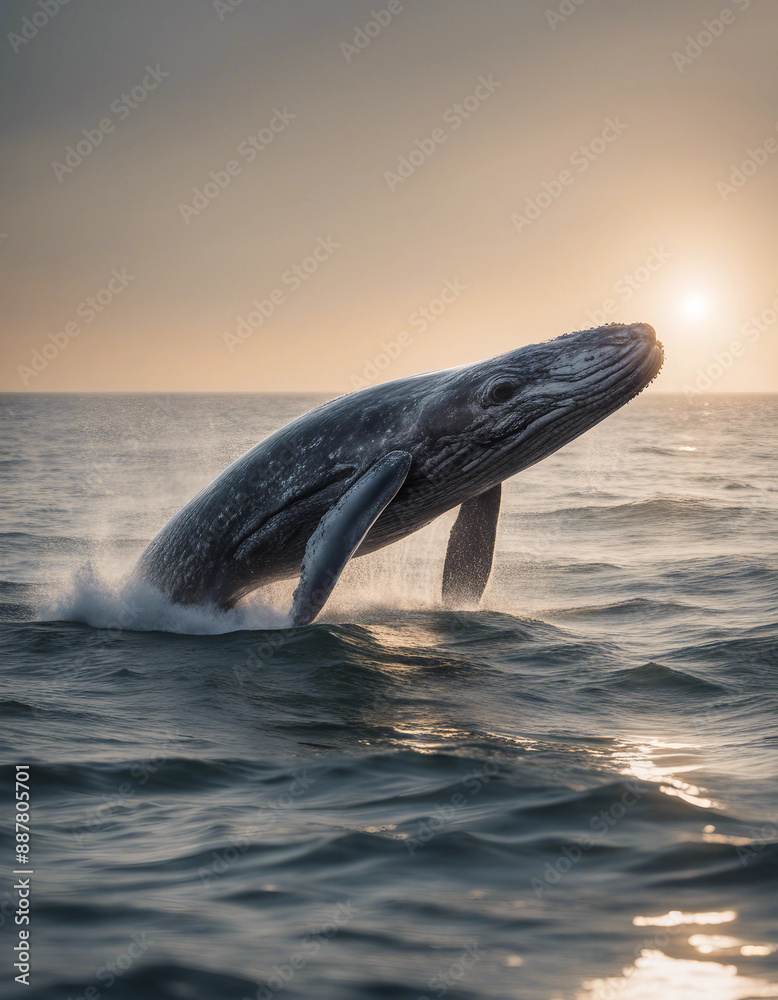 Fototapeta premium A grey whale breaching the ocean surface, dawn 