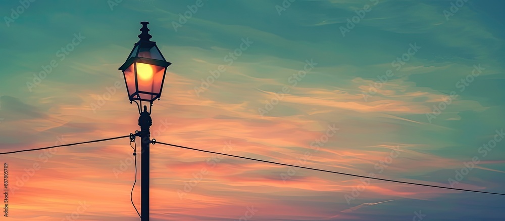 Silhouetted lantern and electric pole against a sunset sky with copy space image Silhouetted lantern and electric pole against a sunset sky with copy space image