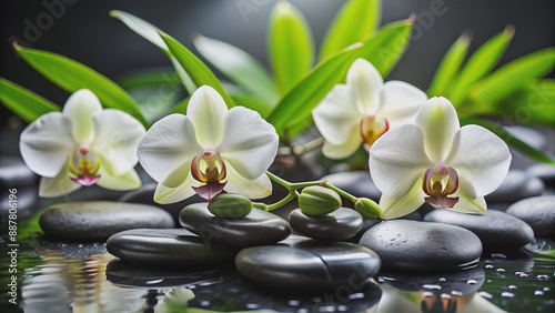 Serenity surrounds white orchid blooms and dark stones amidst lush greenery, warm lighting, and delicate petals, evoking peaceful relaxation ambiance.