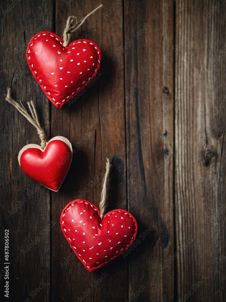 Valentine's Day theme with red hearts on rustic wood Valentine's Day theme with red hearts on rustic wood