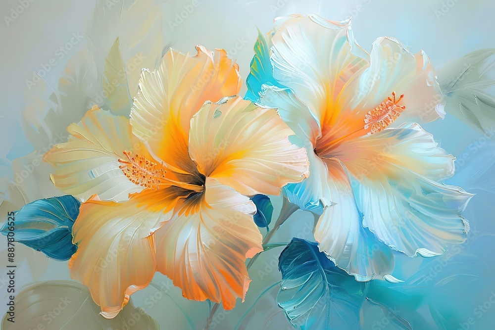Oil painting. Drawn flowers close-up. Beautiful, delicate, light flowers. Painting in the interior. Hibiscus Flower Oil Painting Oil painting. Drawn flowers close-up. Beautiful, delicate, light flowers. Painting in the interior. Hibiscus Flower Oil Painting
