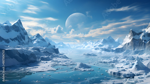 Wallpaper Mural A blue and white ethereal landscape of a frozen planet, featuring jagged icy mountains, a frozen sea, and a large, pale moon hanging in the cloudy sky. Torontodigital.ca