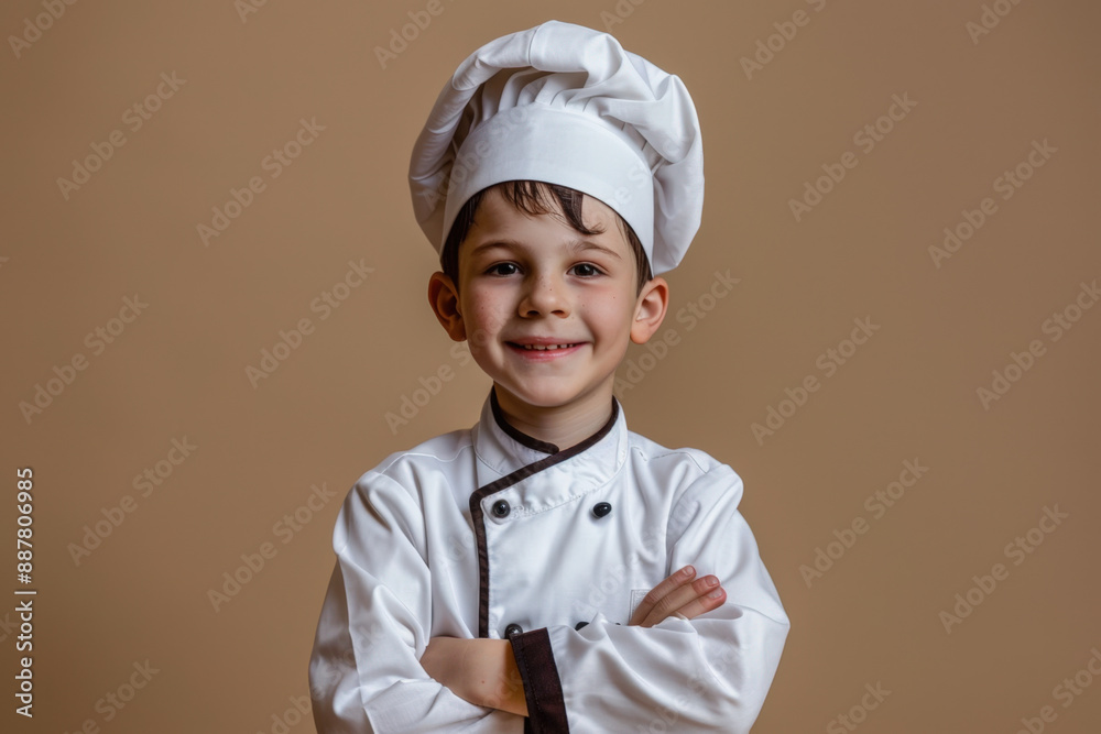 Portrait of a smiling boy wearing chef uniform and toque posing with arms crossed on brown background Portrait of a smiling boy wearing chef uniform and toque posing with arms crossed on brown background