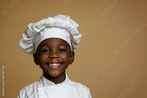 Young aspiring chef smiles broadly, excited to embark on a culinary journey at the city of professions playground photo