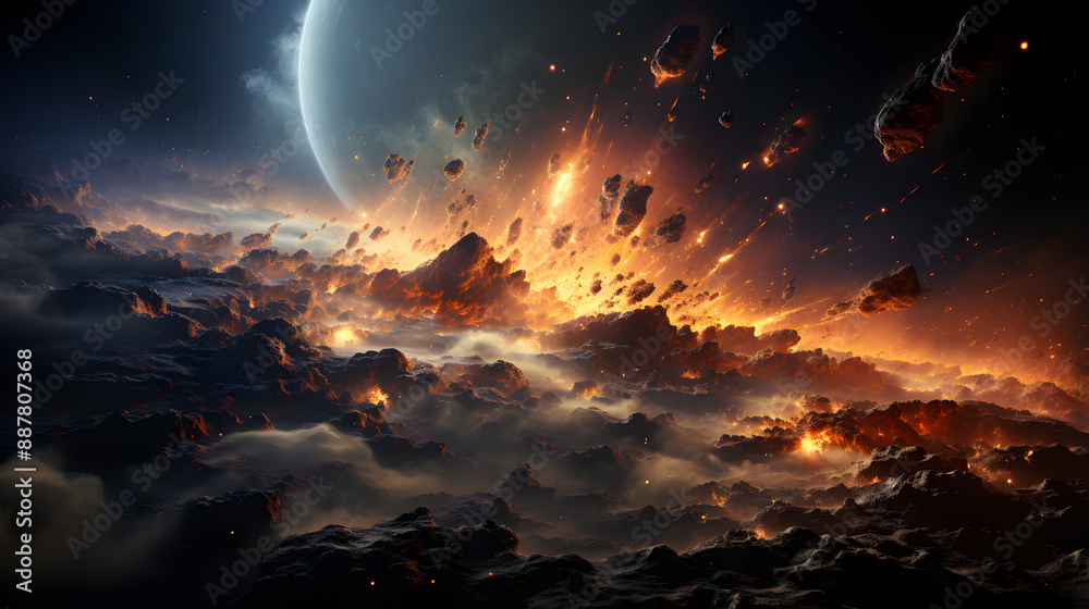 A scene of complete destruction and chaos as meteors bombard the surface of a distant moon orbiting a large blue planet, leaving fiery craters in their wake A scene of complete destruction and chaos as meteors bombard the surface of a distant moon orbiting a large blue planet, leaving fiery craters in their wake