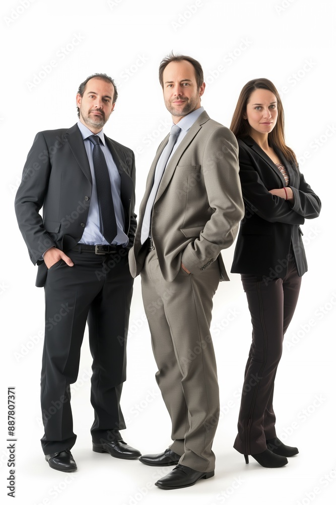 Three people in business attire pose for a photo. The man in the middle is wearing a tie and the woman on the right is wearing a black jacket Three people in business attire pose for a photo. The man in the middle is wearing a tie and the woman on the right is wearing a black jacket