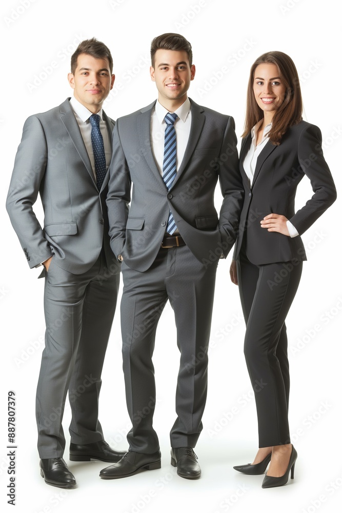 Three men and a woman are dressed in business attire and standing together. They appear to be smiling and posing for a photo. Concept of professionalism and camaraderie among the group Three men and a woman are dressed in business attire and standing together. They appear to be smiling and posing for a photo. Concept of professionalism and camaraderie among the group