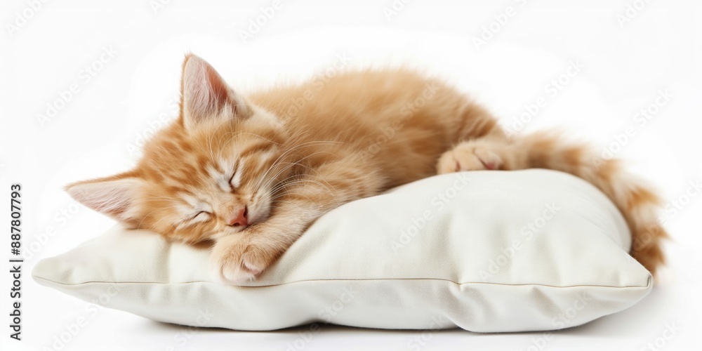 A cat is sleeping on a pillow. The cat is curled up and he is very relaxed A cat is sleeping on a pillow. The cat is curled up and he is very relaxed
