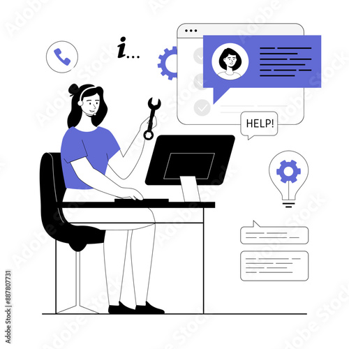 Technical support or customer service. Hotline consultant helps a customer providing them with valuable information. Vector illustration with line people for web design.