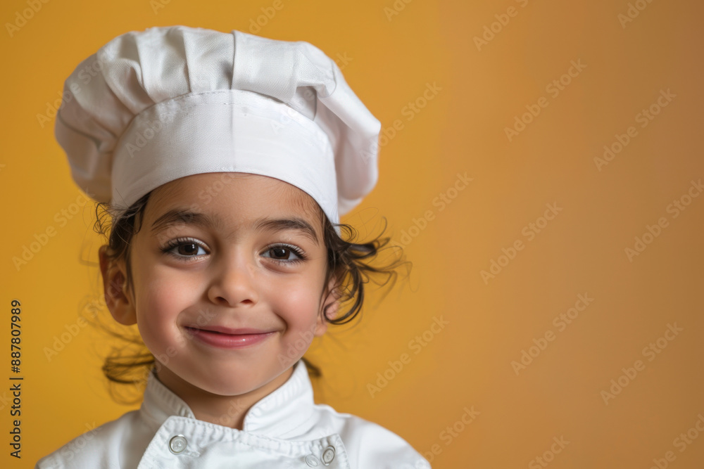 Young chef happily wearing a chef hat in a bright yellow background, radiating joy and confidence