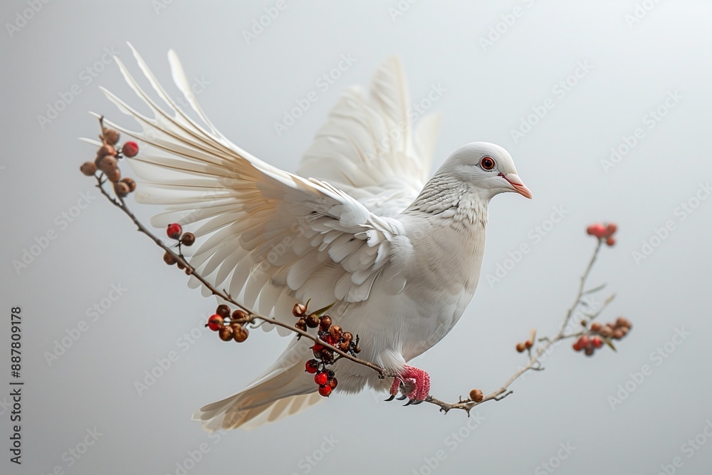 Obraz premium White Dove Perched on a Branch with Red Berries