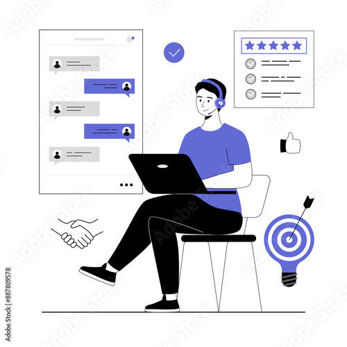 Technical support or customer service. Customer feedback. Client chatting to a call center operator. Vector illustration with line people for web design.