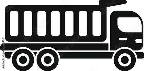 This simple and minimal tipper truck icon represents transportation of goods and logistics