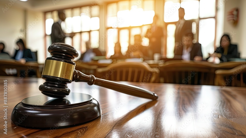 Gavel on a Wooden Table in a Courtroom Setting