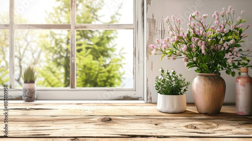 Bare wooden table with room decor background for product display on windowsill © CryptoCanvas