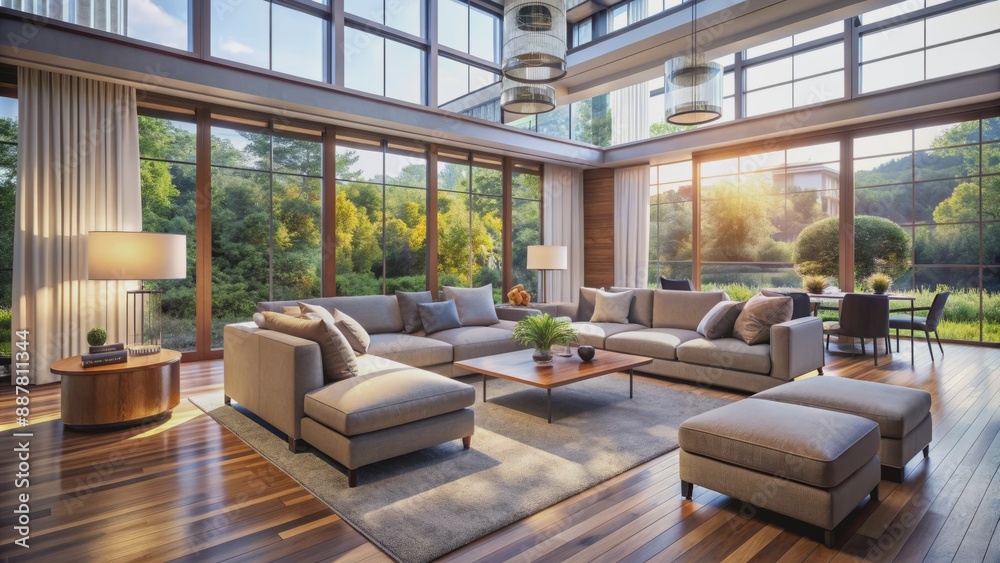 Sleek contemporary living room awash in warm natural light streaming through large windows illuminating plush furnishings and neutral decor accents. Sleek contemporary living room awash in warm natural light streaming through large windows illuminating plush furnishings and neutral decor accents.