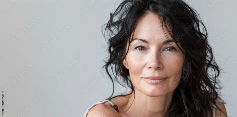 Portrait of a confident middle-aged woman with natural makeup and dark hair. Portrait of a confident middle-aged woman with natural makeup and dark hair.