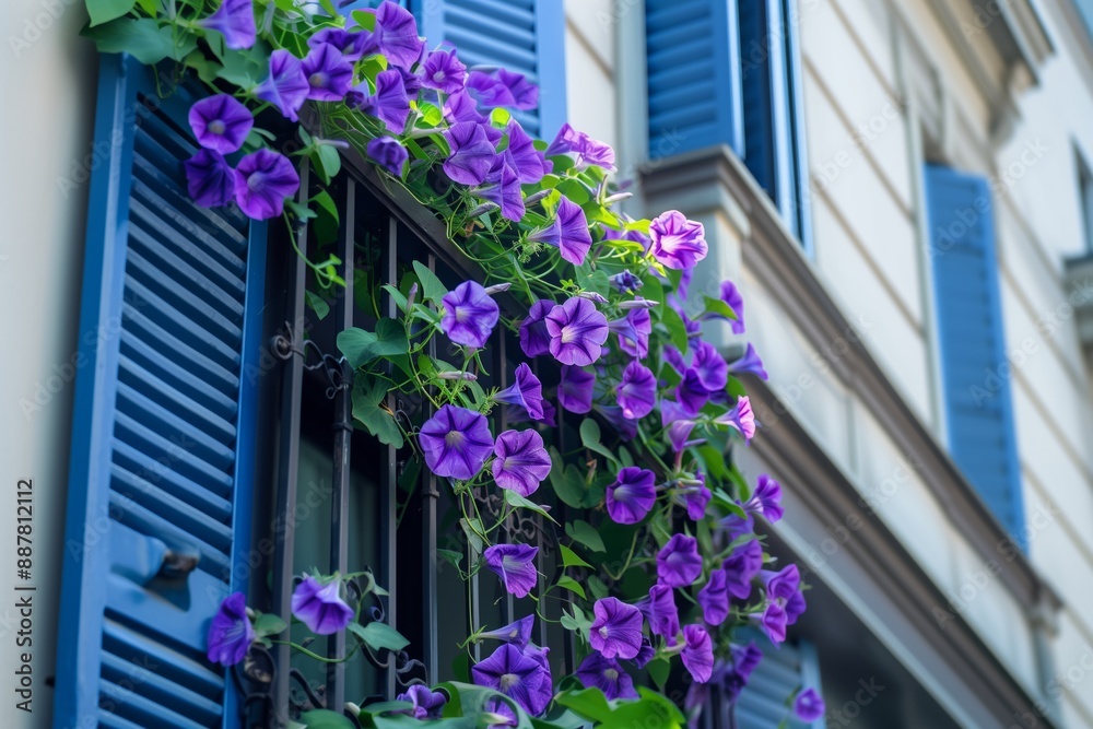 Purple morning glory flowers on a house balcony Purple morning glory flowers on a house balcony