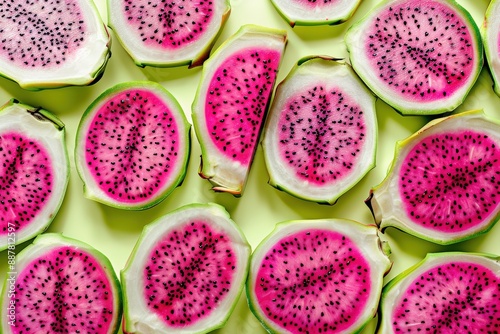 Bright Dragon Fruit Slices Morning. Top-down view of vibrant pink dragon fruit slices arranged on a pastel green background, captured in the morning light photo