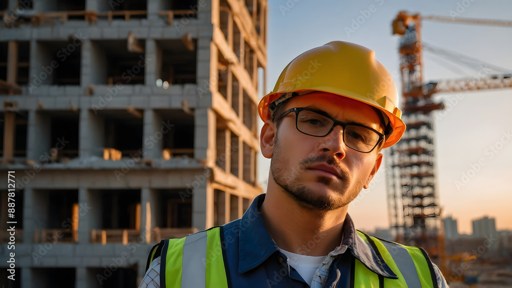 A man in a reflective vest and yellow helmet, an engineer or architect, an investor in a project, looks at the construction of a multi-story building A man in a reflective vest and yellow helmet, an engineer or architect, an investor in a project, looks at the construction of a multi-story building