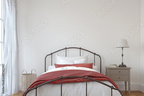 Modern farmhouse bedroom. 3d render.