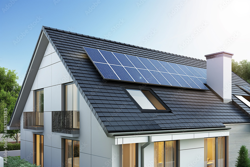 Modern Eco-Friendly Home with Solar Panels. Energy efficiency or sustainable living concepts Modern Eco-Friendly Home with Solar Panels. Energy efficiency or sustainable living concepts