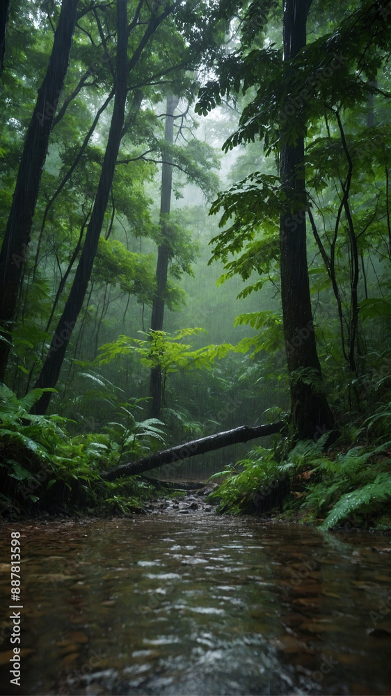 Obraz premium Lush green forest with a stream running through it
