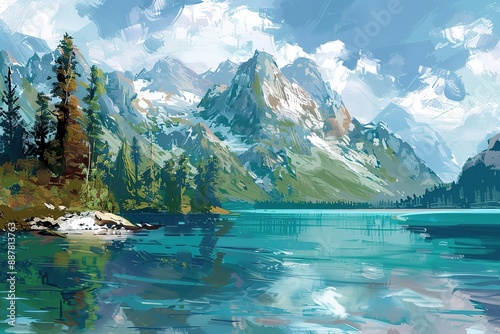 Mountain landscape oil painting on canvas modern Green fir trees on emerald sea lake in mountains oil paint texture on canvas, background art illustration artwork