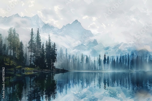 Mountain landscape oil painting on canvas modern Green fir trees on emerald sea lake in mountains oil paint texture on canvas, background art illustration artwork
