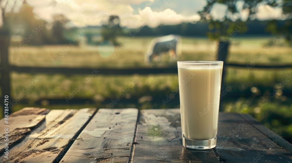 Fresh Milk. Glass of Milk on Dark Wooden Table with Blurred Landscape of Meadow and Cow. Rustic Style Concept Fresh Milk. Glass of Milk on Dark Wooden Table with Blurred Landscape of Meadow and Cow. Rustic Style Concept