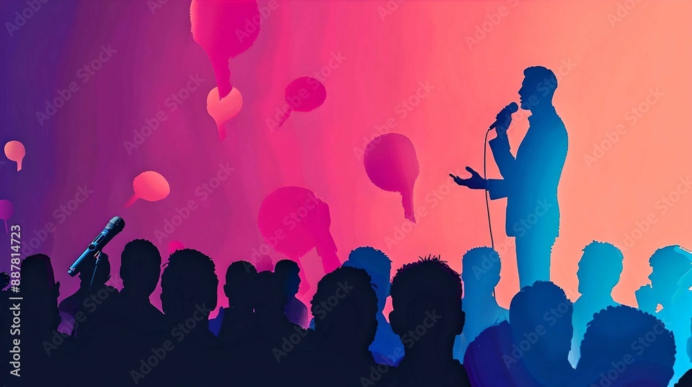 Silhouette of a public speaker with a microphone against a colorful background, representing effective communication and audience engagement.
Silhouette of a public speaker with a microphone against a colorful background, representing effective communication and audience engagement.