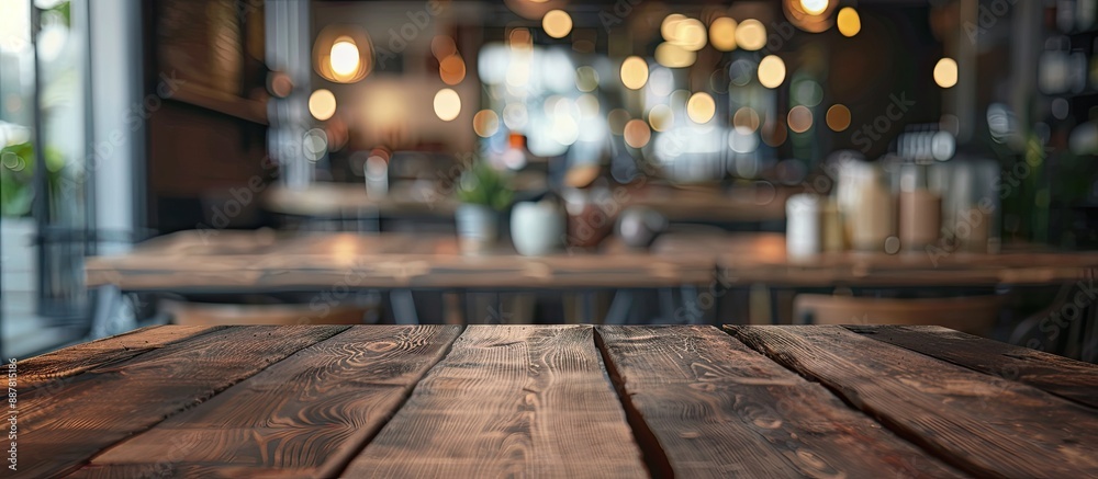 A focused empty brown wooden table with a blurred coffee shop or restaurant background creates a perfect copy space image for your photos or product showcases A focused empty brown wooden table with a blurred coffee shop or restaurant background creates a perfect copy space image for your photos or product showcases