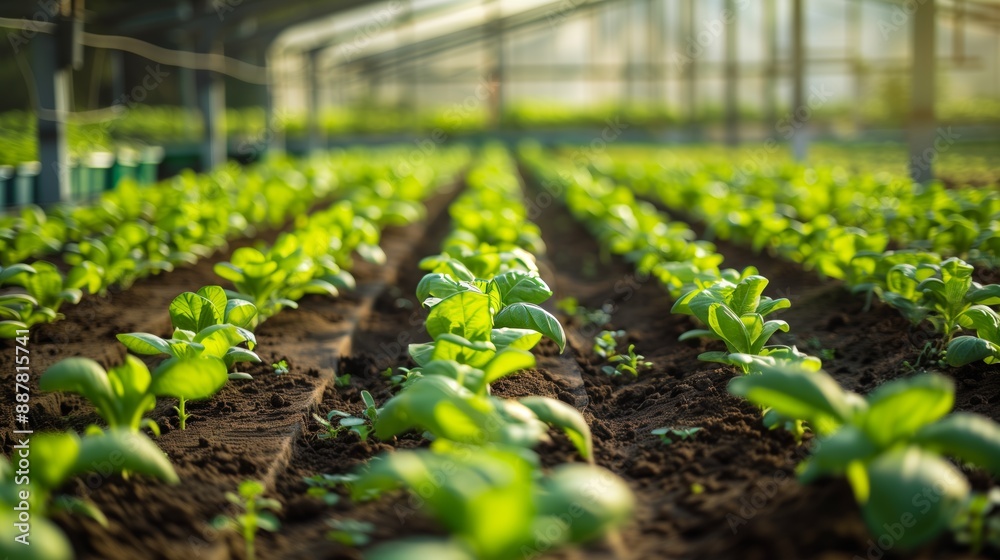 Fresh green lettuce growing in rows inside a greenhouse with soft sunlight filtering through the structure.