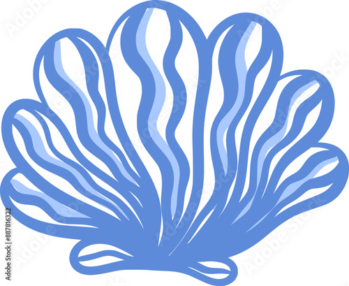 Abstract hand drawn blue seashell. Elegant vintage isolated wavy striped scallop. Coastal summer clipart element. Vector illustration for t-shirt, swimwear, beach bag, poster, cover, label