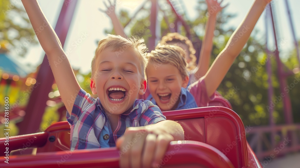 Fototapeta premium Two children with arms raised, delighted expressions, riding a roller coaster at an amusement park on a sunny day.